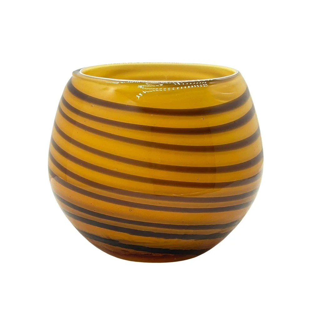 Hand Blown Amber Brown Striped Studio Art Glass Round Bulbous Bowl Votive Holder